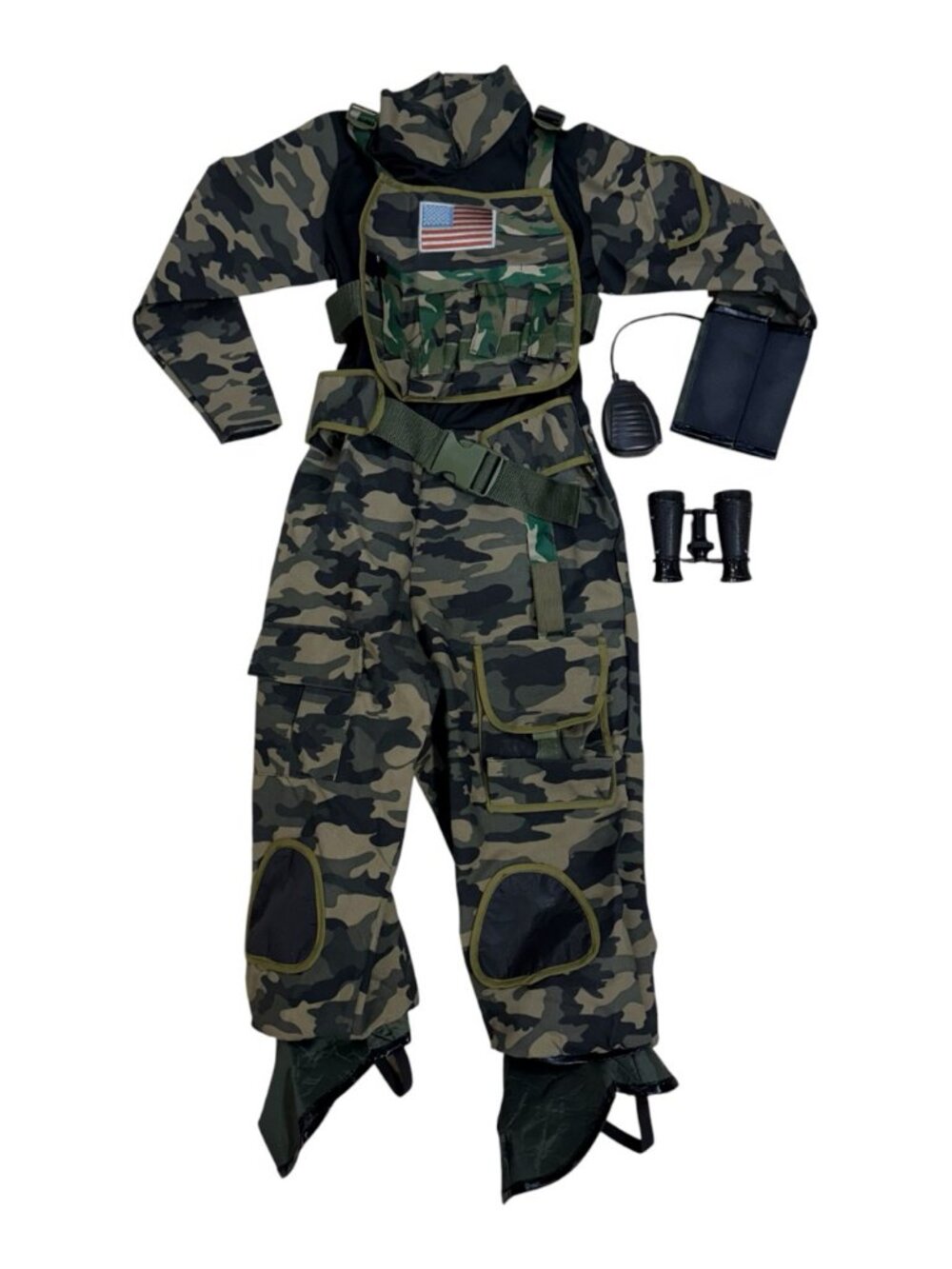 Kids Soldier Army Costume Camo Set Size 7-8 Vest Belt Binoculars Halloween